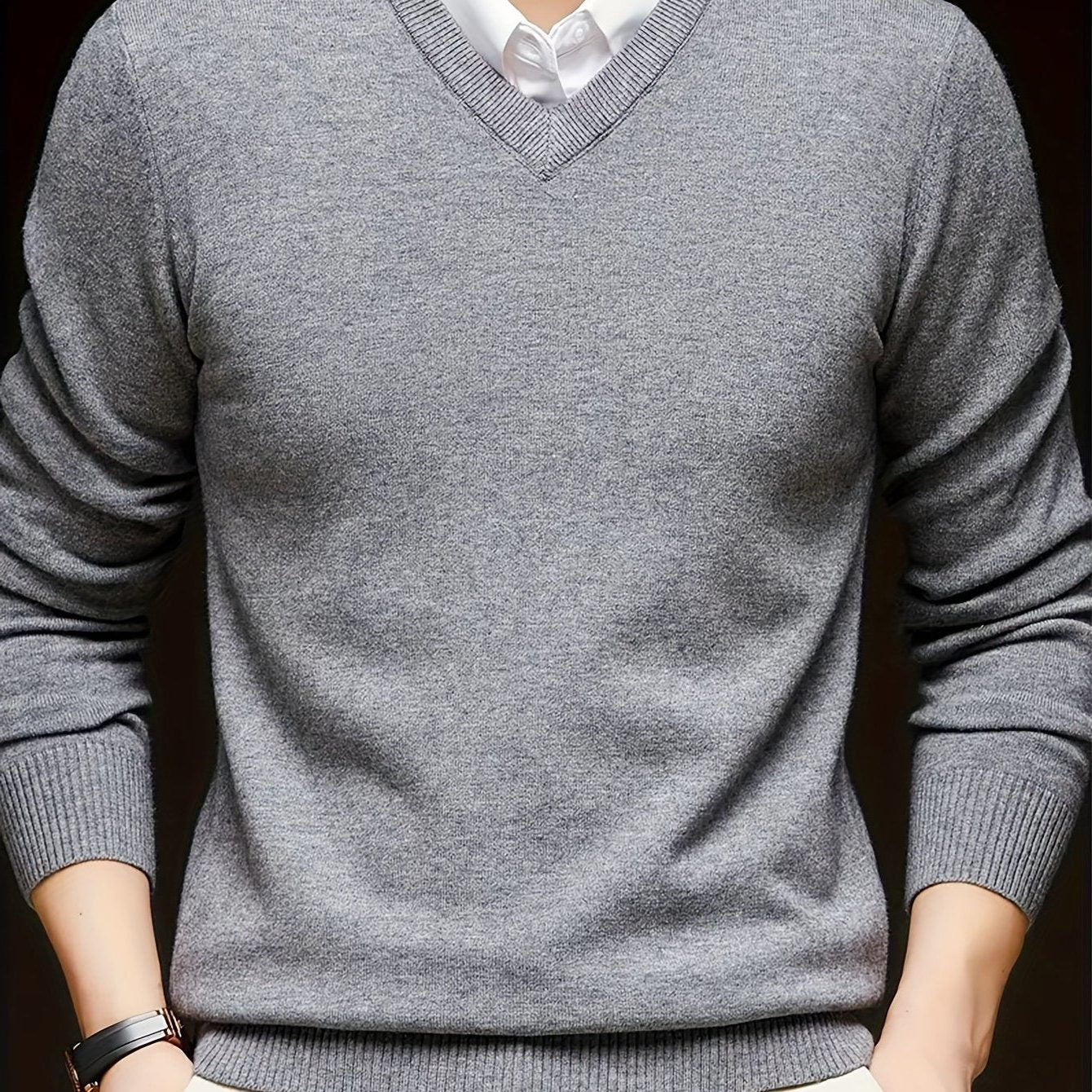 V-Neck Knit Jumper for Women - Grey