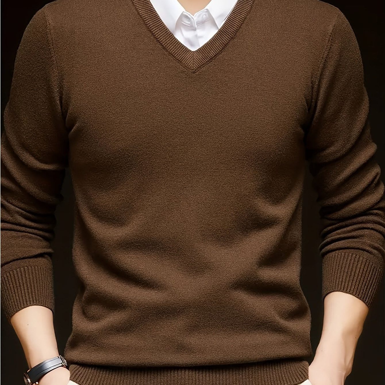 V-Neck Knit Jumper for Women - Coffee Brown