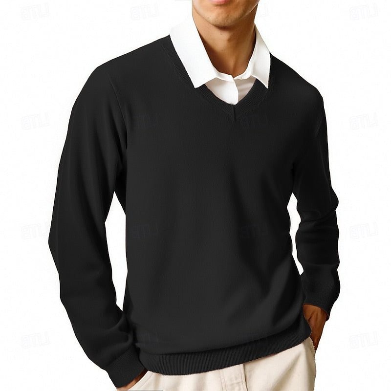 V-Neck Ribbed Knit Sweater for Men - Black