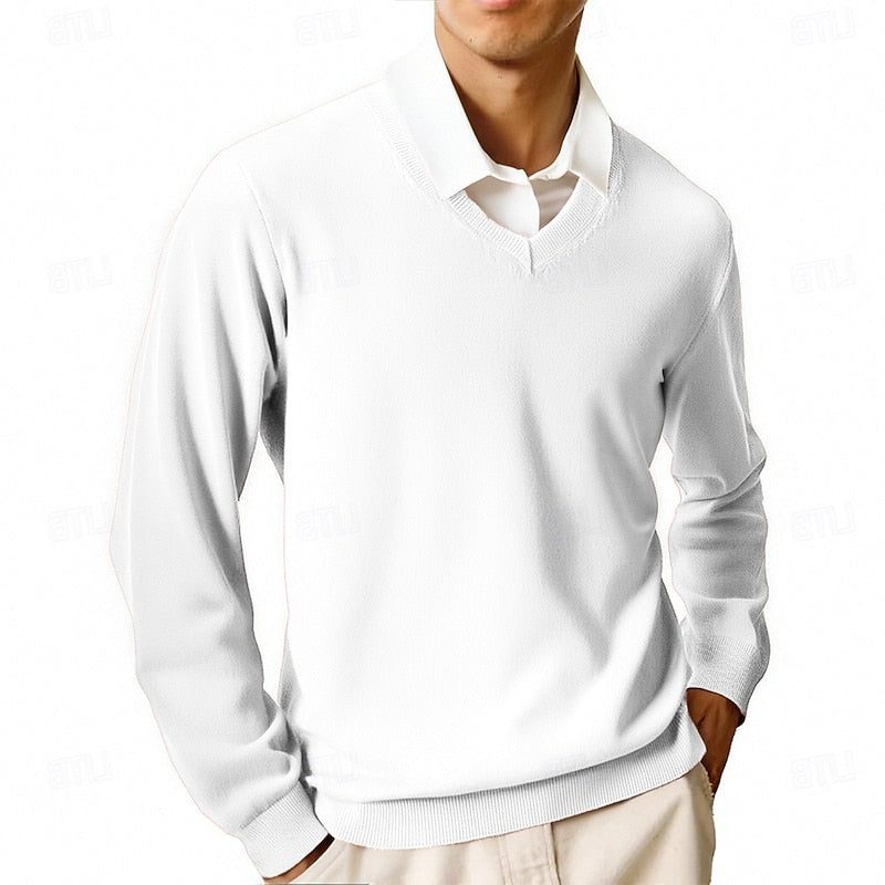 V-Neck Ribbed Knit Sweater for Men - White