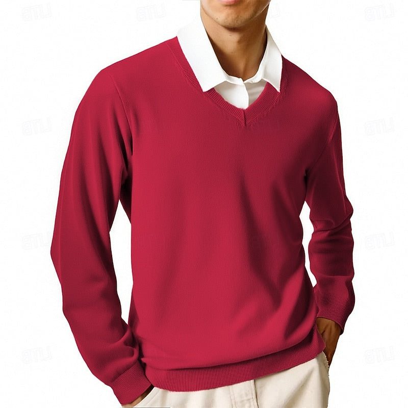V-Neck Ribbed Knit Sweater for Men - Wine