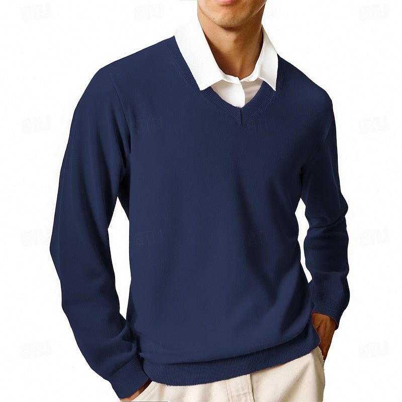 V-Neck Ribbed Knit Sweater for Men - Dark Navy