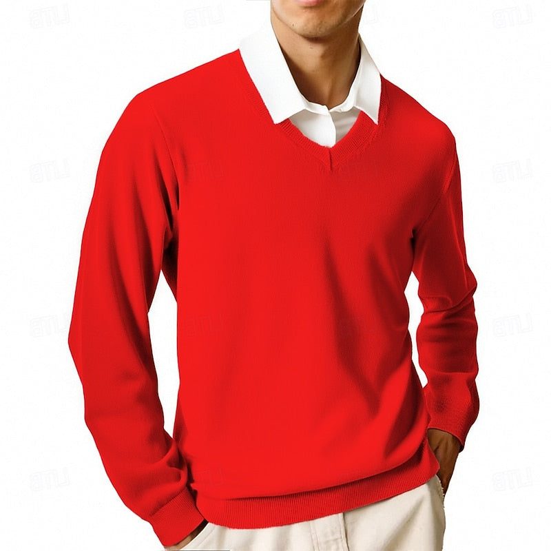 V-Neck Ribbed Knit Sweater for Men - Red