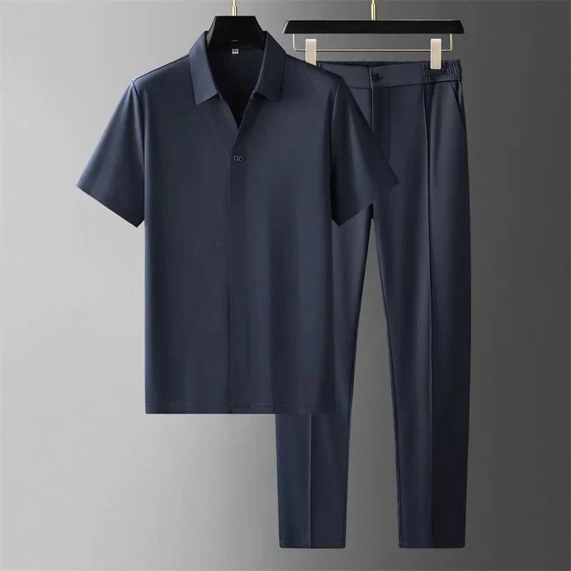 Short Sleeve Polo Shirt and Straight Leg Trousers Set for Men
