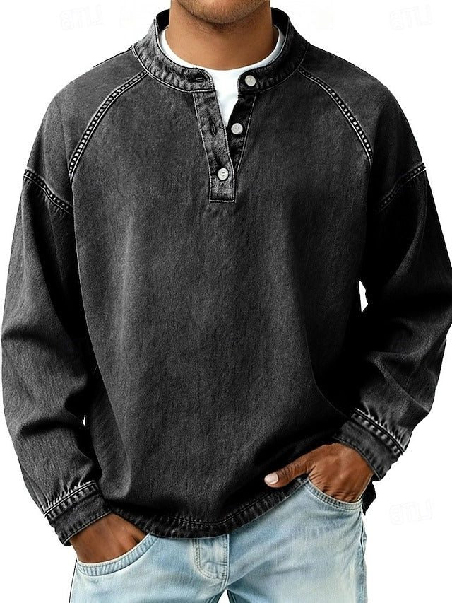 Vintage Button-Down Long Sleeve Shirt for Men - Black