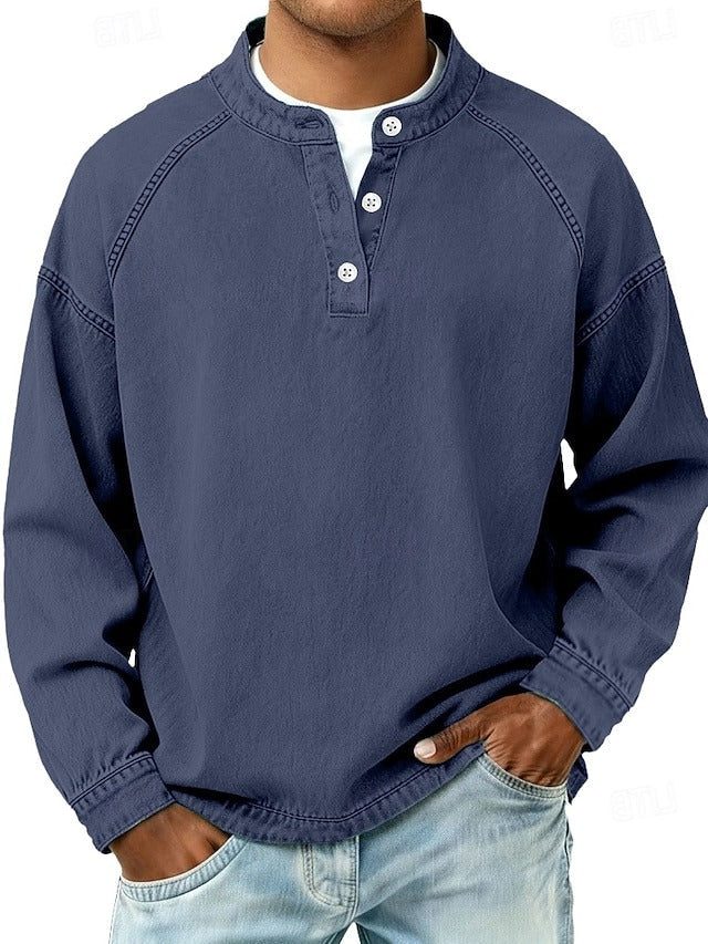 Vintage Button-Down Long Sleeve Shirt for Men - Dark Blue