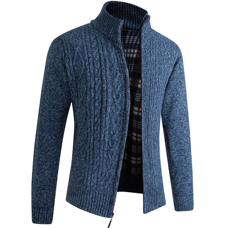 Zip-Up Cable Knit Cardigan for Men - Blue Pattern