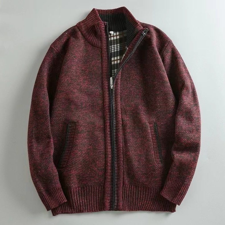 Zip-Up Cable Knit Cardigan for Men - Dark Red