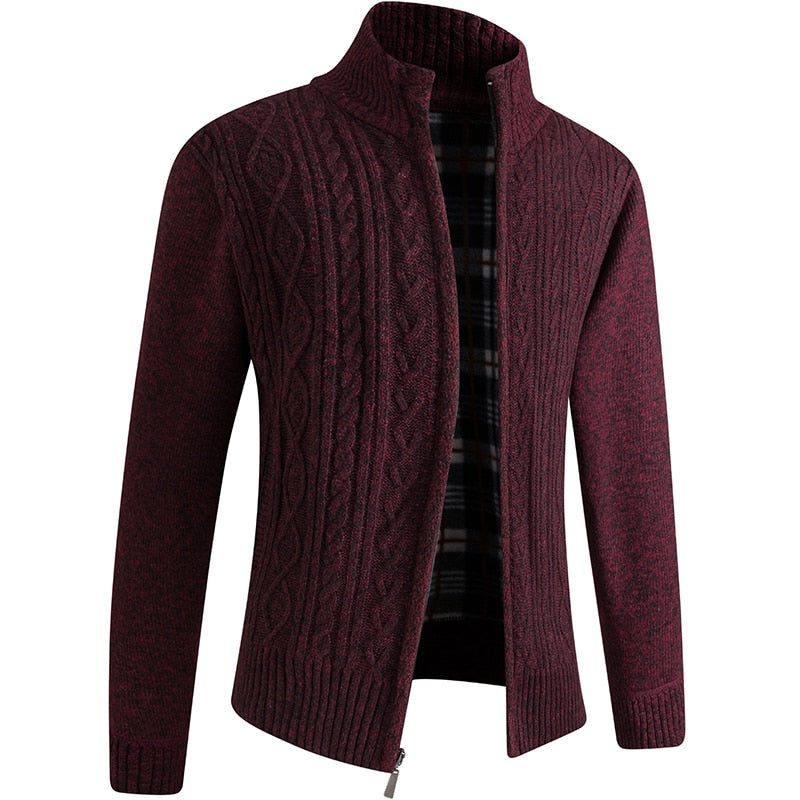 Zip-Up Cable Knit Cardigan for Men - Red Pattern