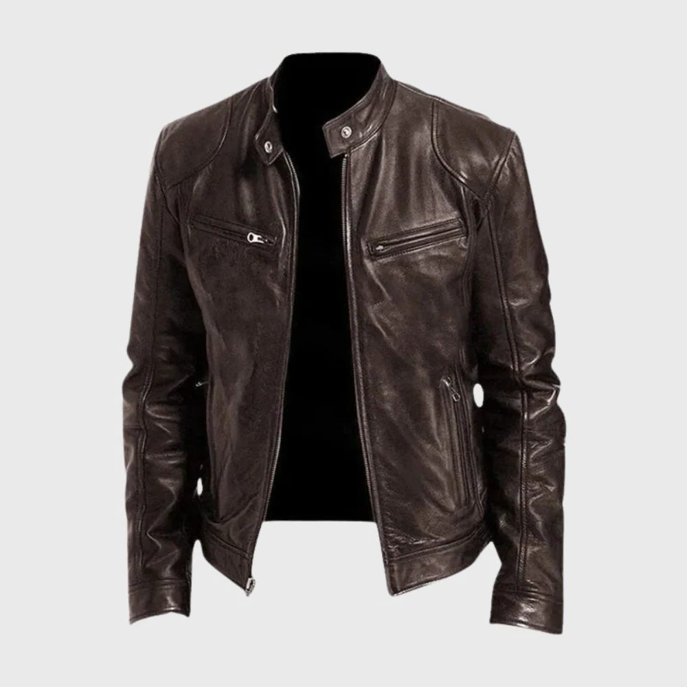 Zip-Up Moto Leather Jacket for Men - Brown