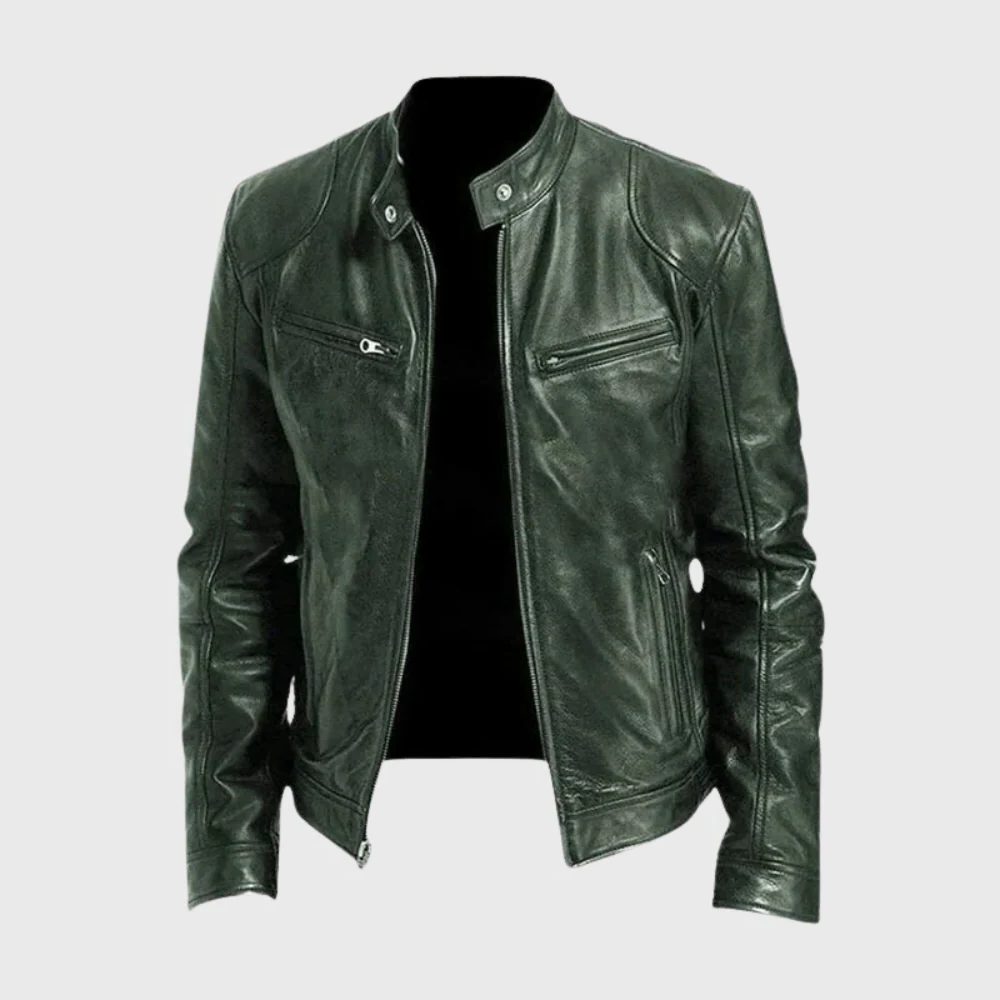 Zip-Up Moto Leather Jacket for Men - Green