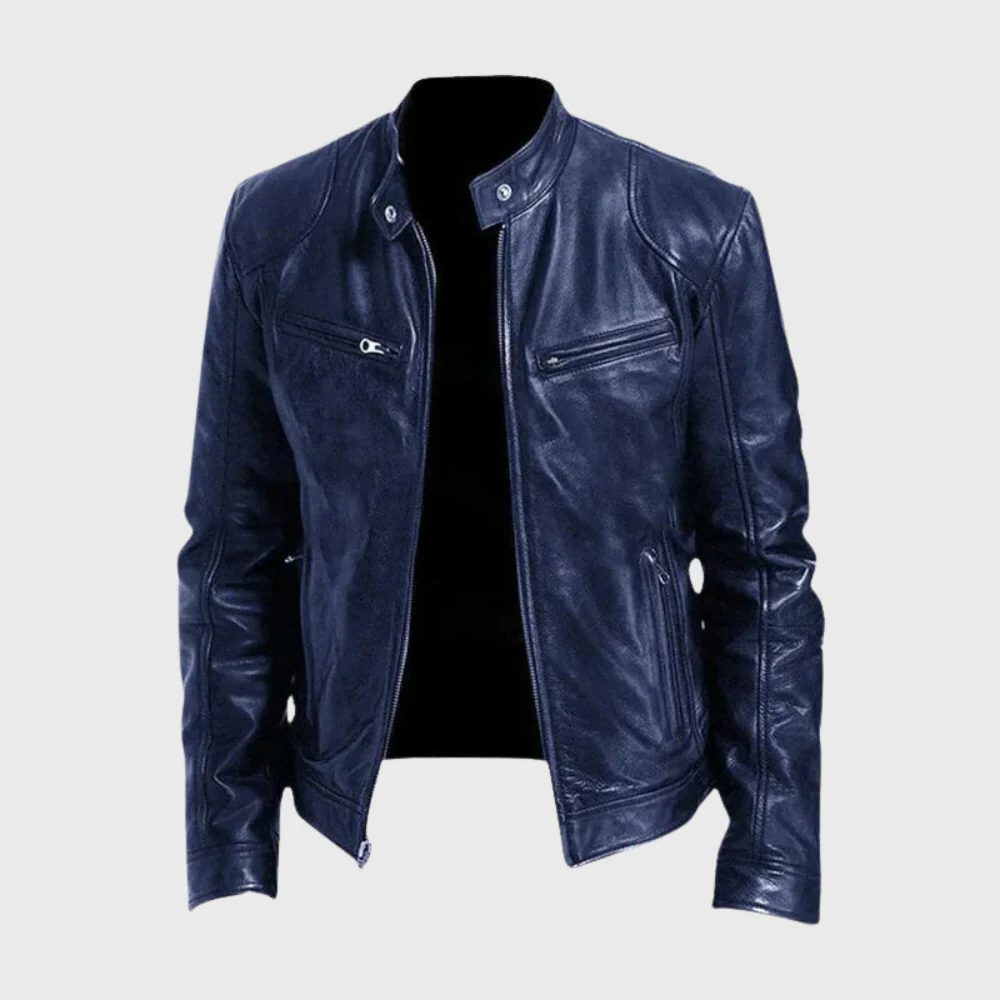 Zip-Up Moto Leather Jacket for Men - Blue