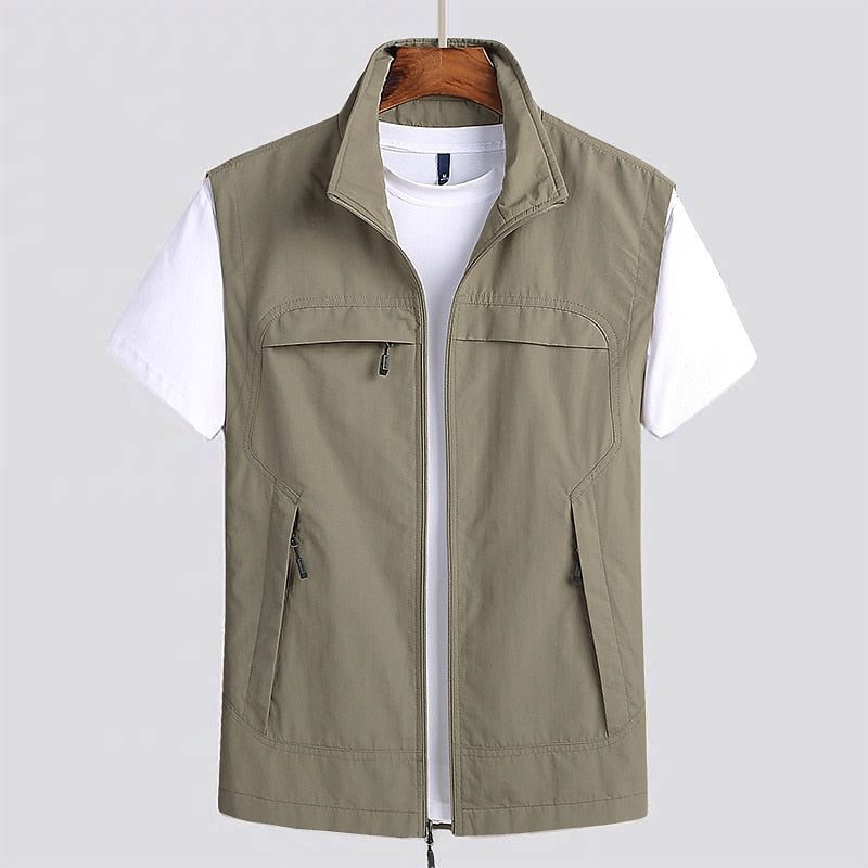 Zip-Up Stand Collar Gilet for Men - Khaki