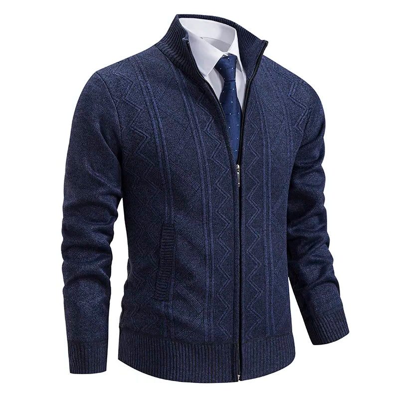 Zip-Up Stand Collar Padded Cardigan for Men - Navy - 2